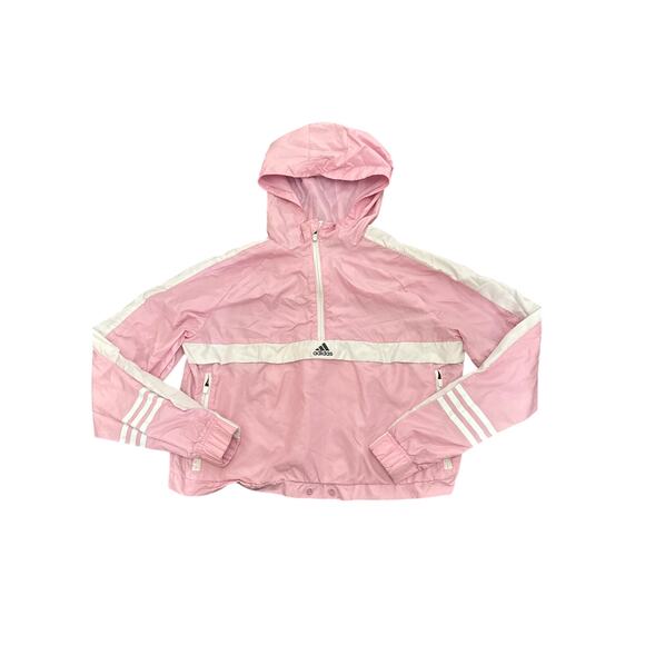 Adidas Womens Size Medium Hooded Pink Half Zip Windbreaker Jacket Zipper Pockets - Picture 1 of 6